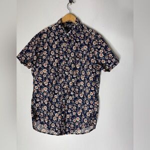 J Crew Factory Men’s Short Sleeve Collar Button Down Navy Orange Daisy Flowers M